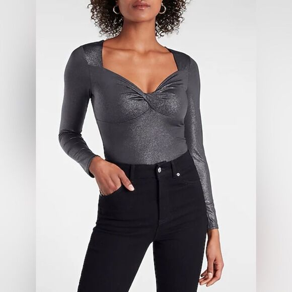 EXPRESS Body Contour Black Metallic Glitter Twist Front Long Sleeve Bodysuit - Picture 1 of 10